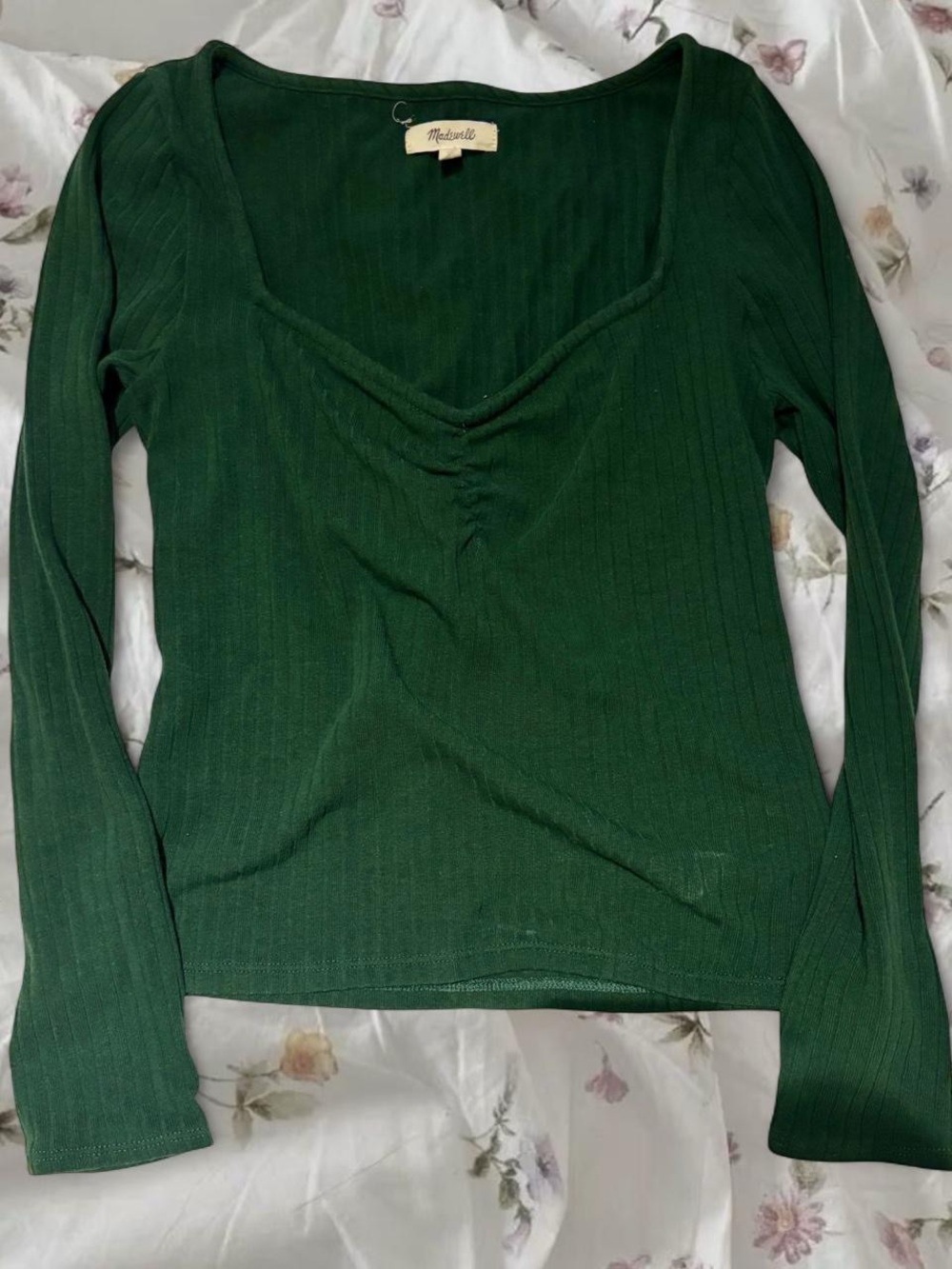 Madewell Forest Green Ribbed Scoop-Neck Long Sleeve Top